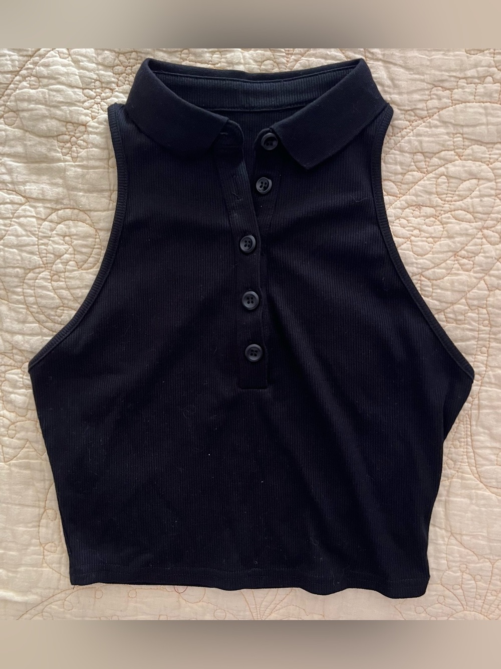 Women's Black Ribbed Collared Crop Top - Sleek Polo Button Front